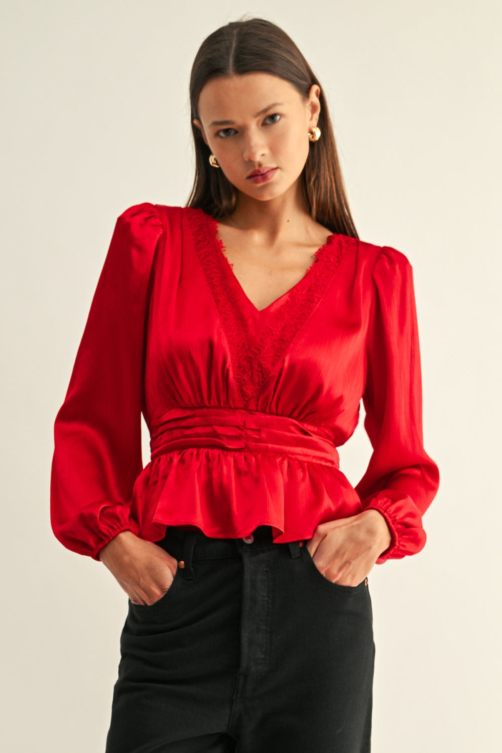 Jordyn Lace Inserted Long Sleeves Peplum Top F269T7660_RED