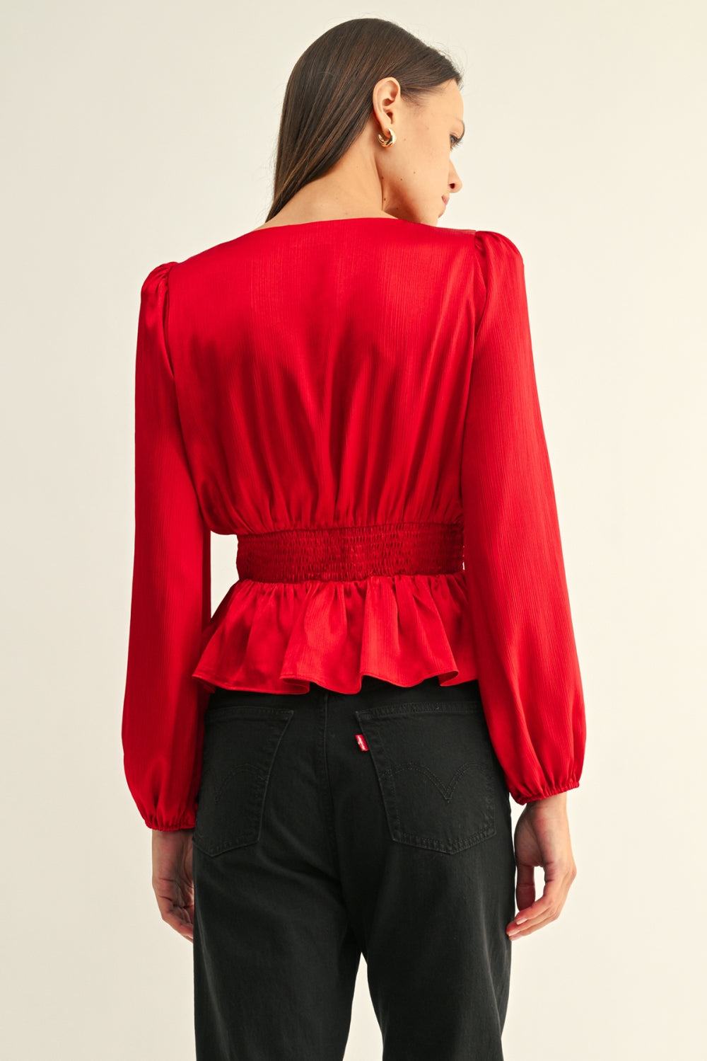 Jordyn Lace Inserted Long Sleeves Peplum Top F269T7660_RED