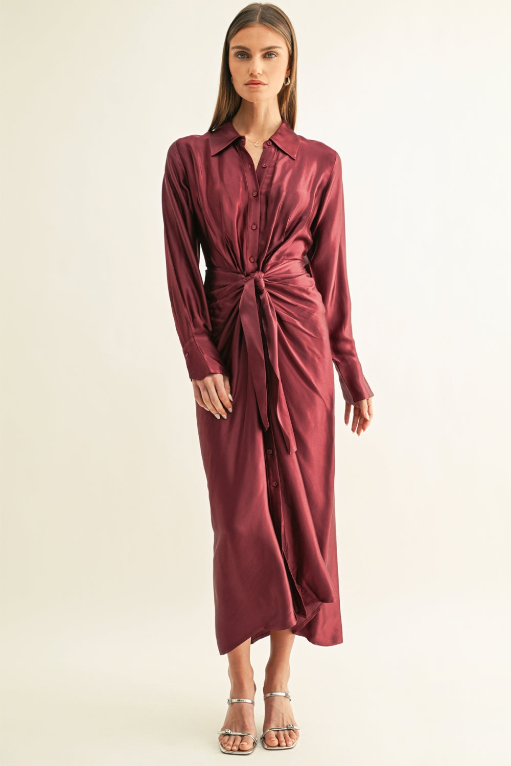 Kannon Tied Front Shirt Midi Dress F269D7330_BURGUNDY