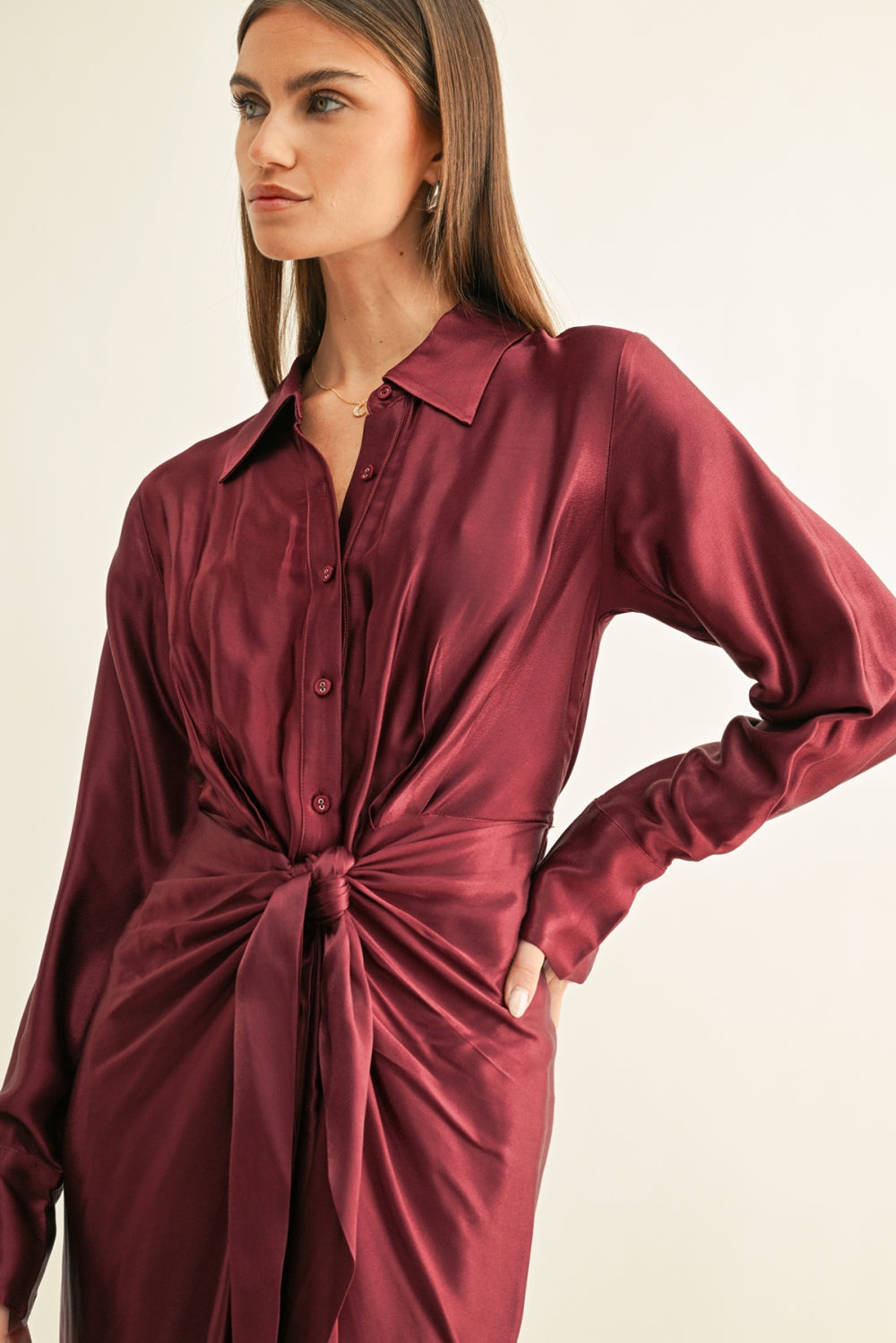 Kannon Tied Front Shirt Midi Dress F269D7330_BURGUNDY