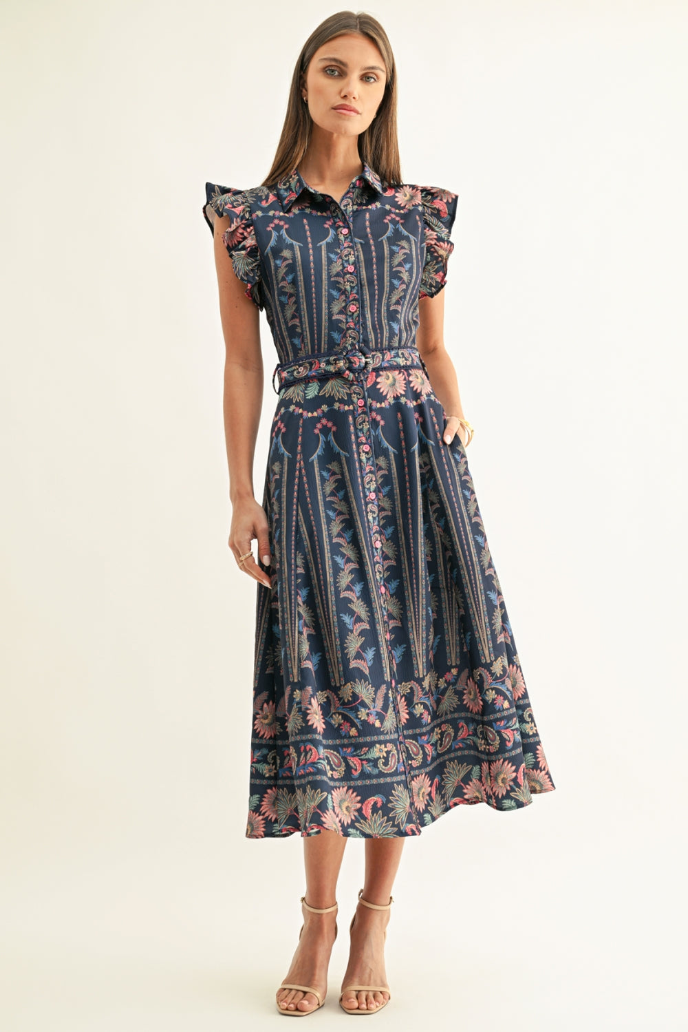 Karly Ruffled Sleeves Shirt Midi Dress F267D7257_NAVY MULTI