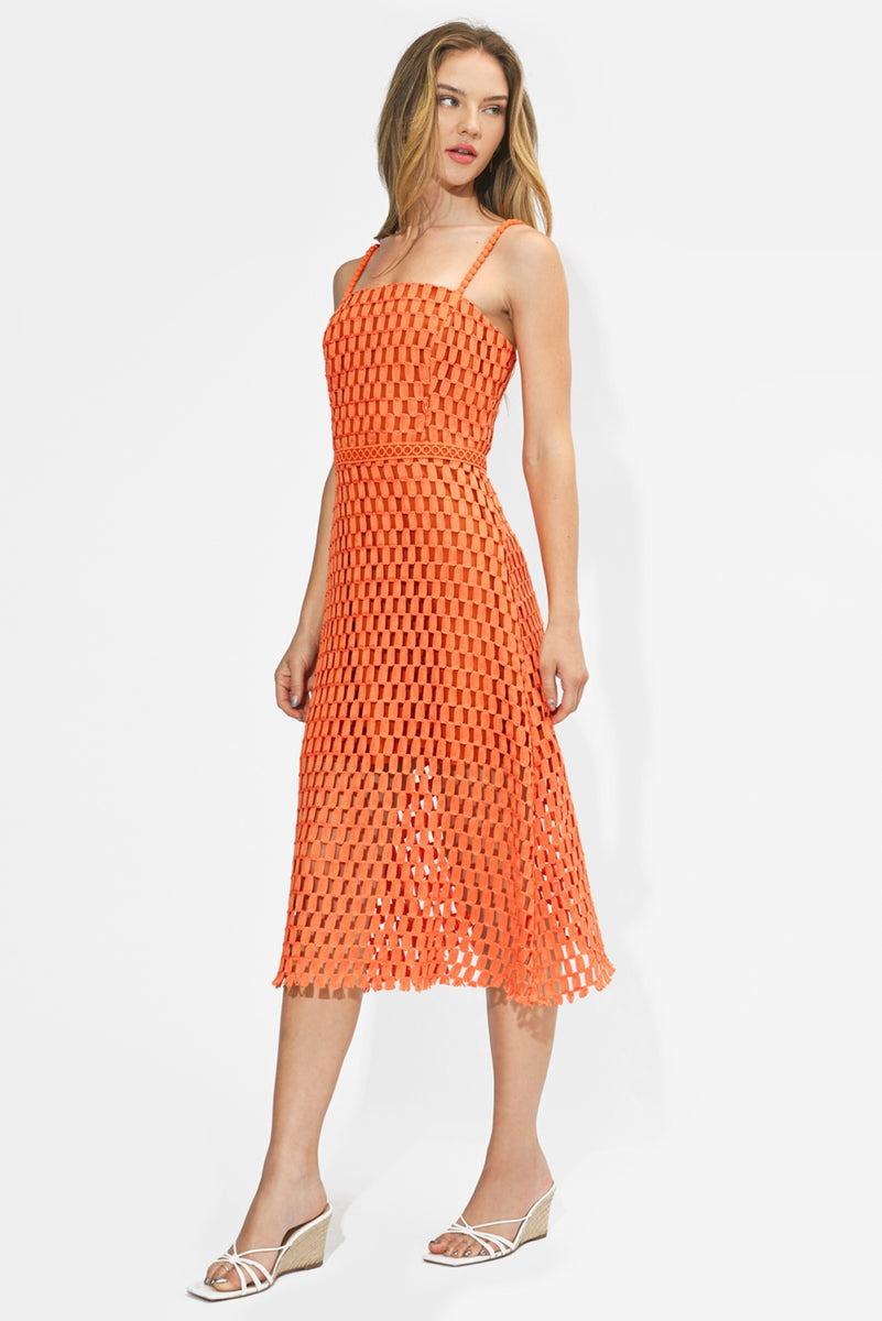 adelyn rae lace midi dress Karson ORANGE / S Yellow Elegant Asymmetric High vacation wear scalloped lace edge that Color:True Blue