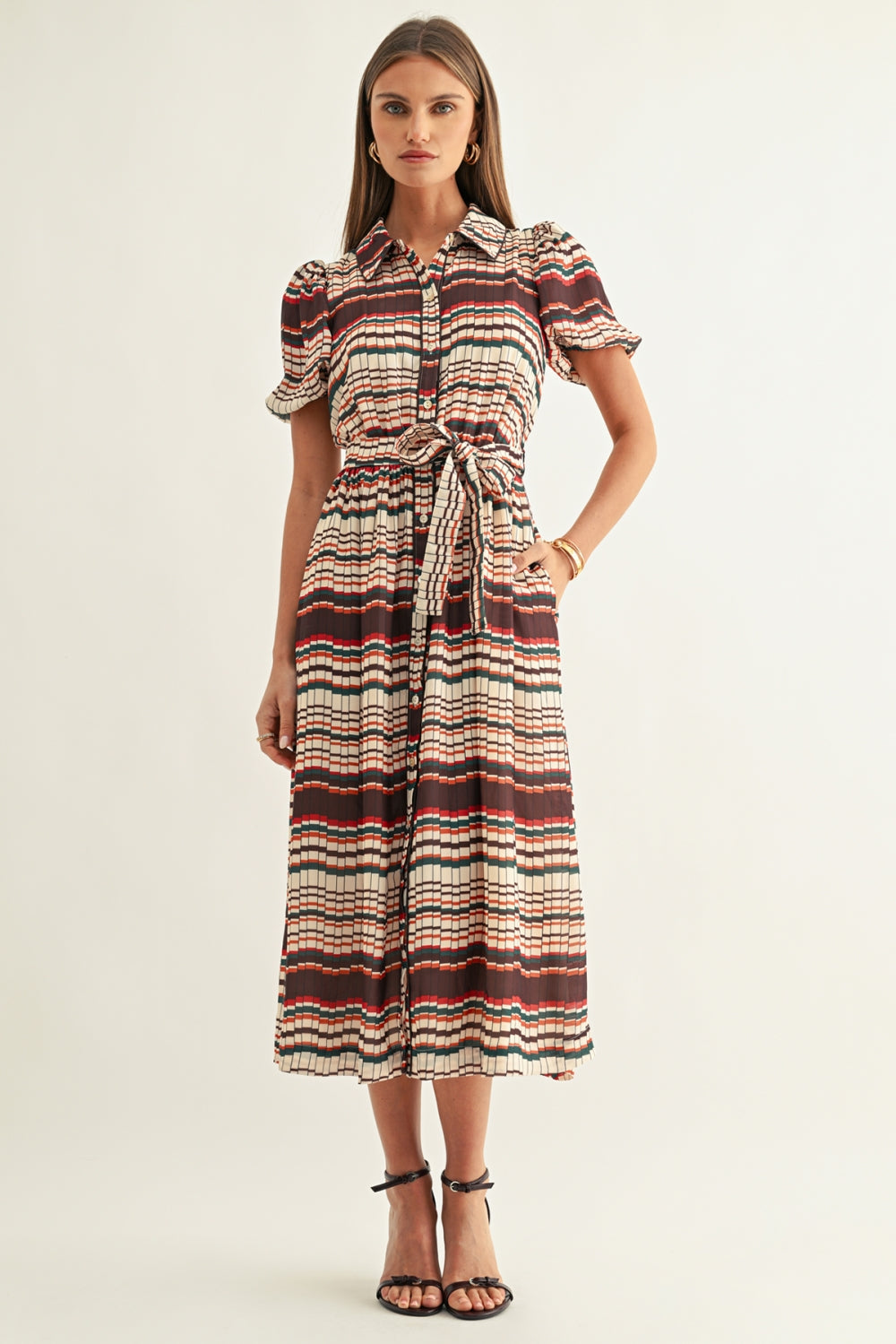 Karson Short Sleeve Shirt Midi Dress F268D7274_BROWN MULTI