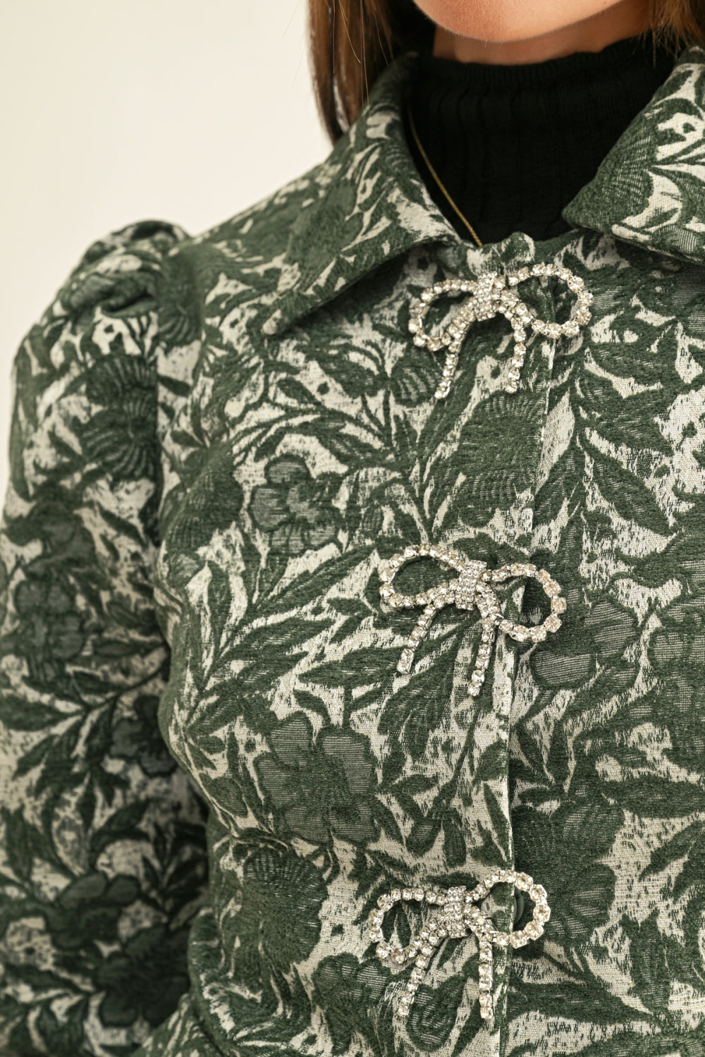 Kayden Jacquard Fitted Jacket With Rhinestone Bows F269J1905_MOSS/SILVER