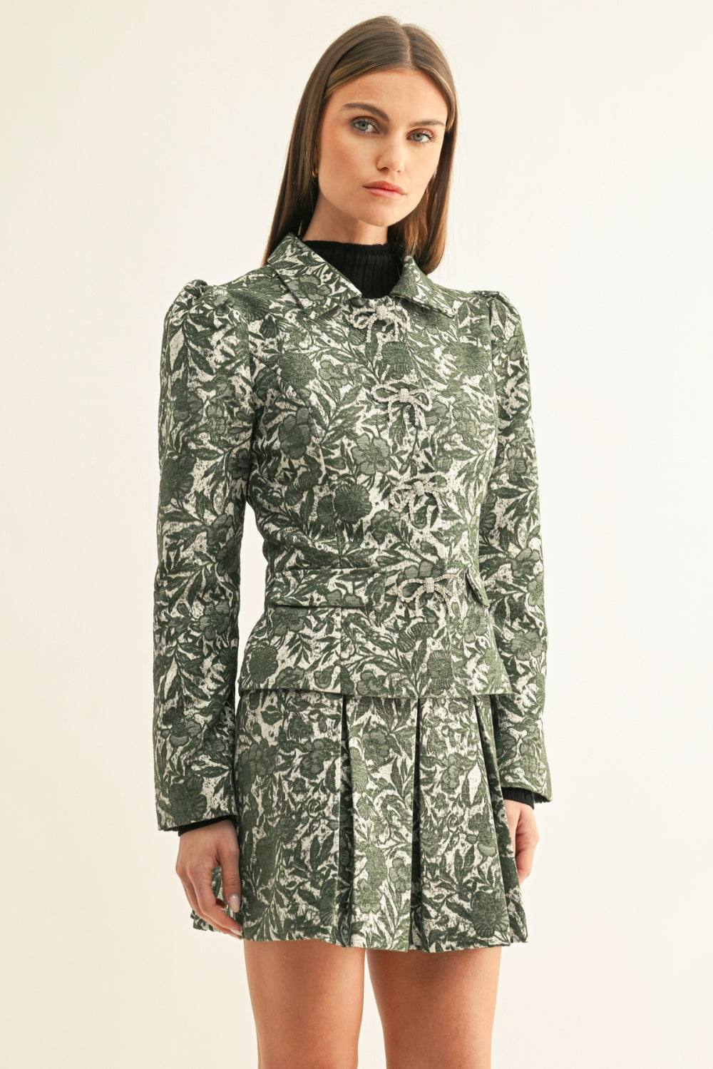 Kayden Jacquard Fitted Jacket With Rhinestone Bows F269J1905_MOSS/SILVER