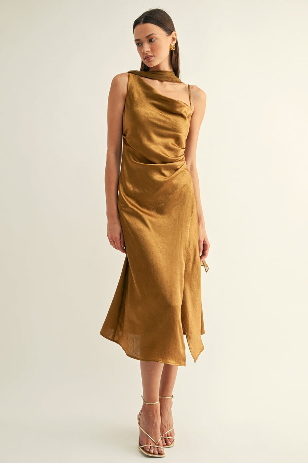 Kenny Contrast Scarf Cowl Neck Slip Midi Dress F269D7435_OLIVE