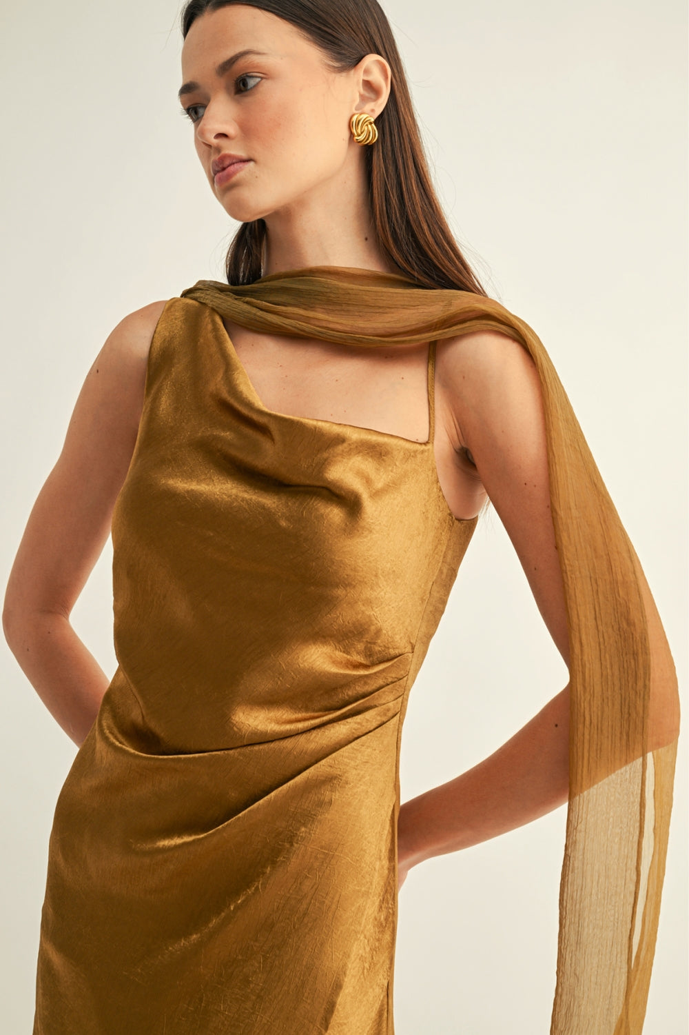 Kenny Contrast Scarf Cowl Neck Slip Midi Dress F269D7435_OLIVE