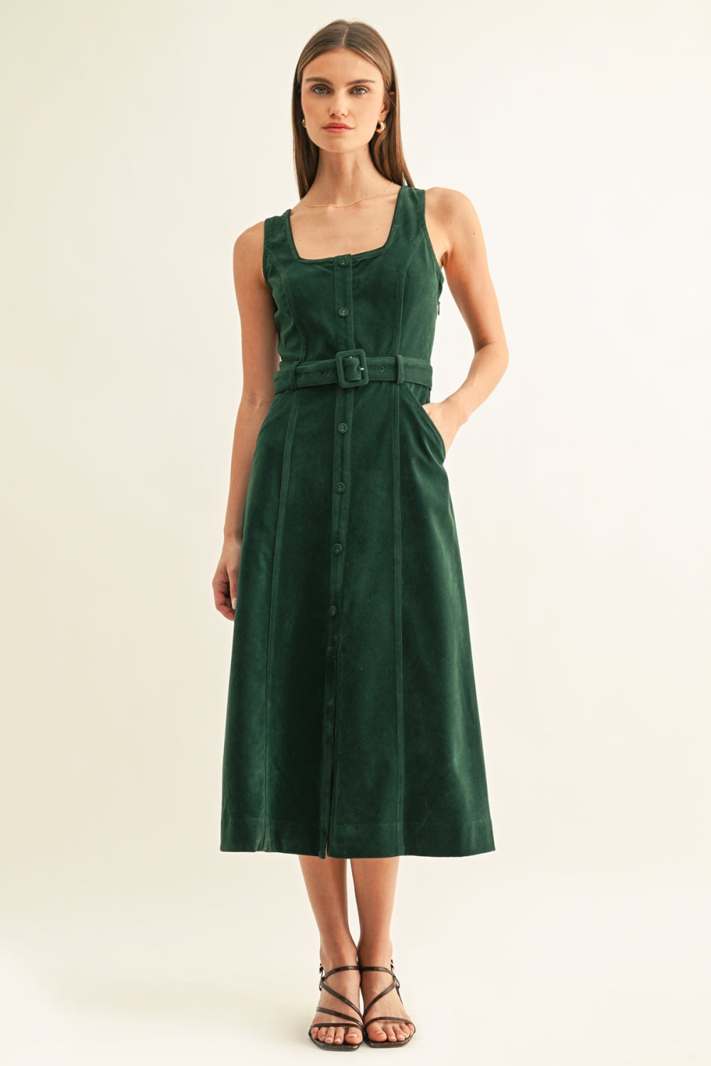 Kensley Vegan Suede Contrast Piped Midi Dress F268D7276_HUNTER GREEN
