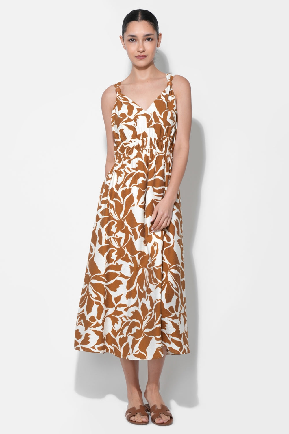 Kiana V-Neck Midi Dress with Wood Trim F266D7165_OFF WHITE/RUST