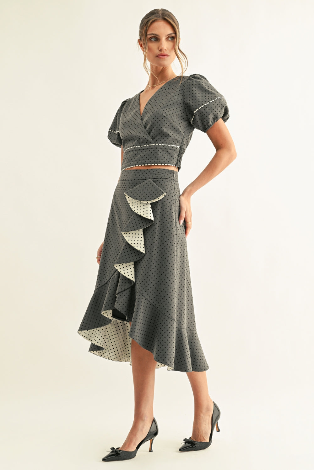 Lina Polka Dot Ruffled Midi Skirt F267S9482_DARK DENIM DOT