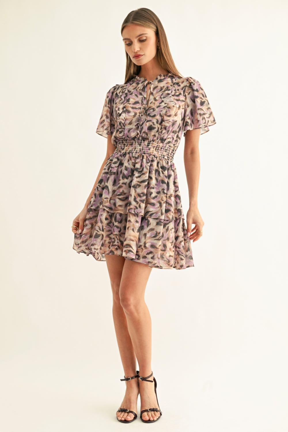 Lorena Flutter Sleeves Tiered Mini Dress F267D7246_LAVENDER/BLACK
