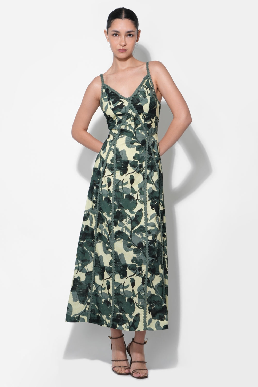 Madison Contrast Detailed Slip Maxi Dress F266D7167_OLIVE MULTI