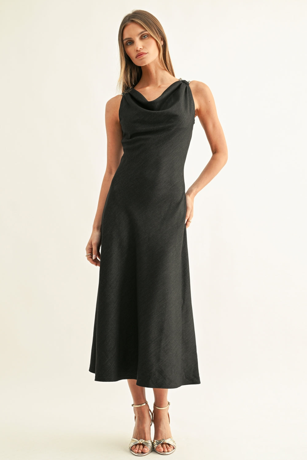 Makenna Beaded Cowl Neck Chambray Midi Dress F268D7295_CHARCOAL CHAMBRAY