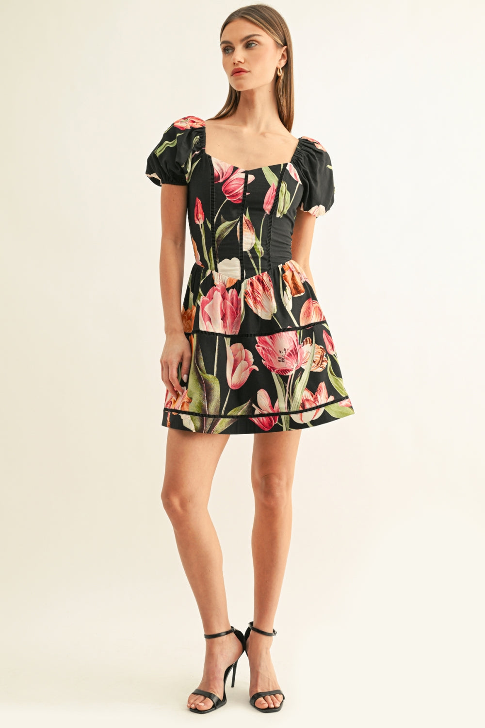 Meadow Contrast Lace Inserted Short Sleeves Mini Dress F269D7316_BLACK MULTI