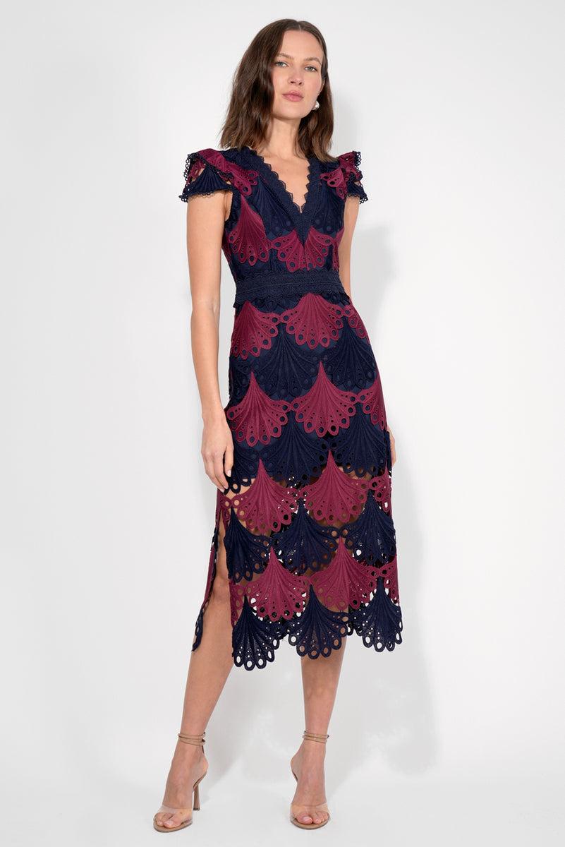 adelyn rae lace midi dress Mia Crochet circular geometric lace waistband Best At It Long cws24 Color:Natural/Dusty Pink