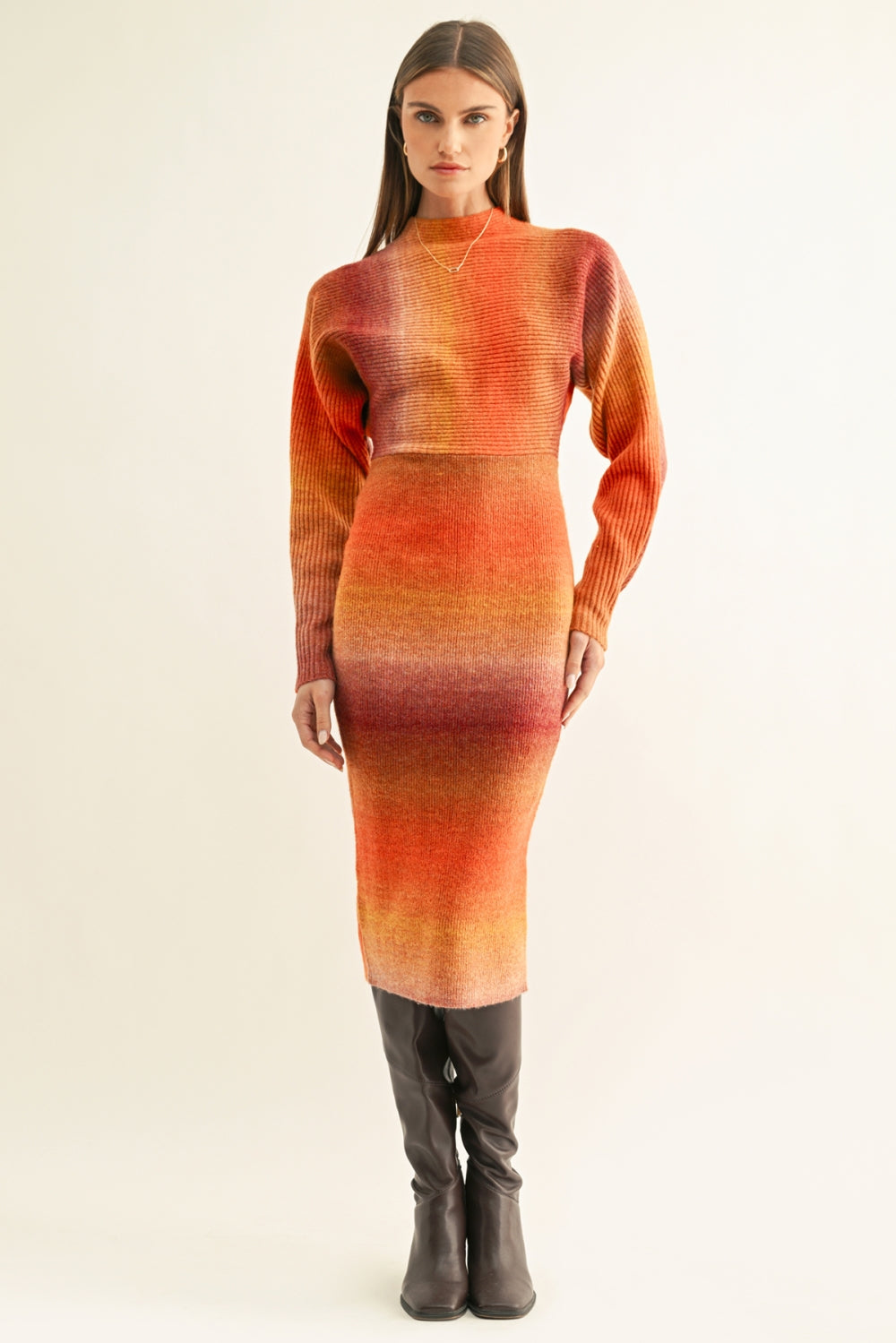 Mia Ombre Dolman Sleeves Knit Midi Dress F269WD6221_BURNT ORANGE MULTI