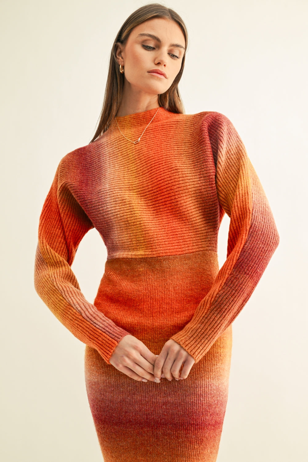 Mia Ombre Dolman Sleeves Knit Midi Dress F269WD6221_BURNT ORANGE MULTI