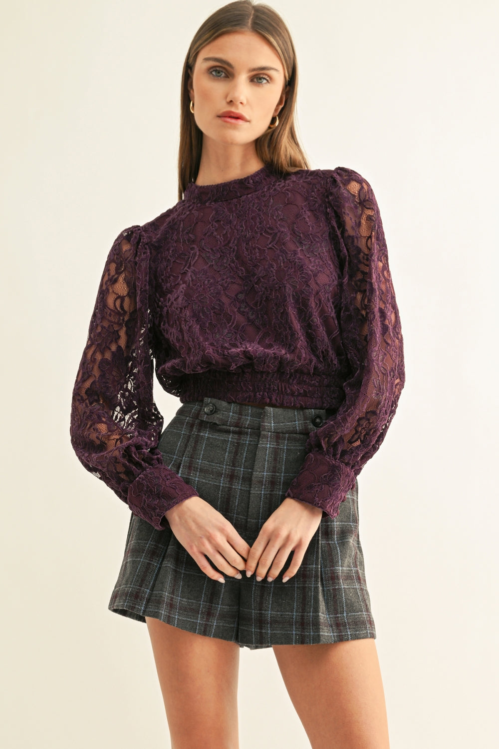 Myla Mock Neck Long Sleeves Lace Top F269T7637_PLUM
