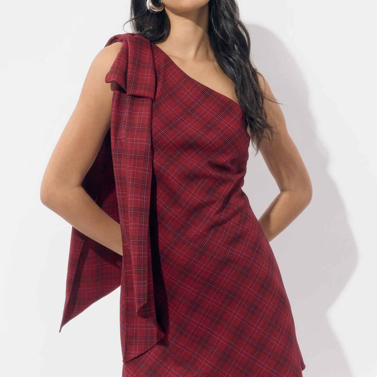 plaid one shoulder dress Grid One-Shoulder Tied Cutout Dress Navy / S