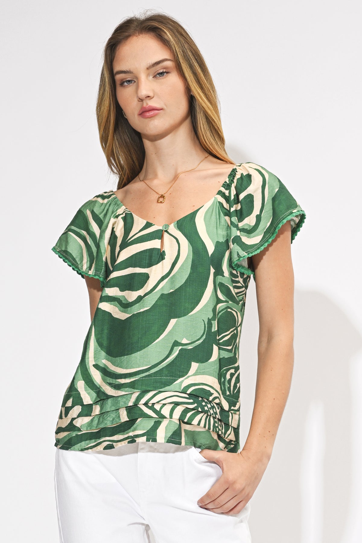 Nyra Leaf Print Flutter Sleeve Top F253T7157