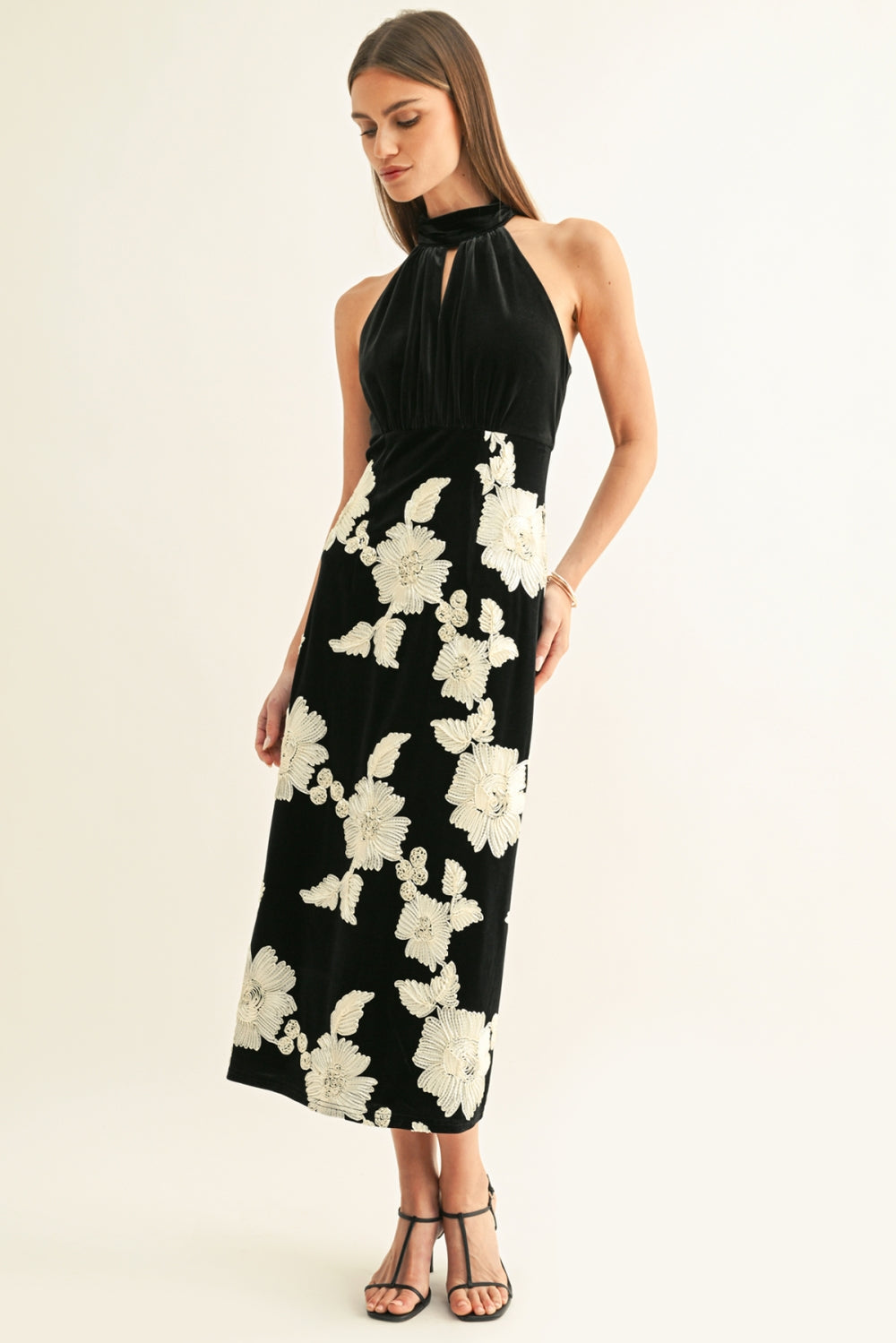 Oaklyn Flower Embellished Velvet Halter Midi Dress F269D7318_BLACK/CREAM