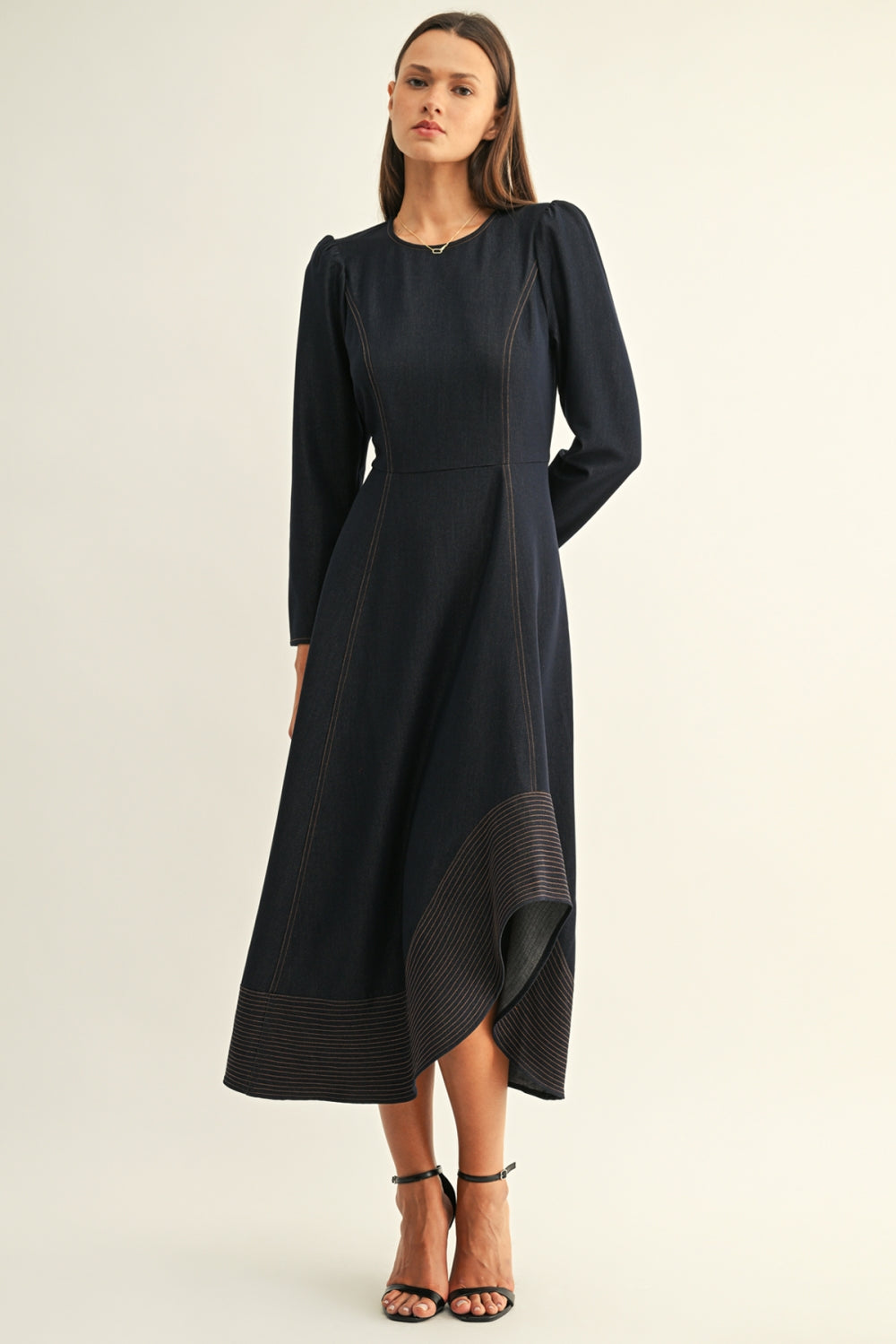 Olga Hi-Low Hem Long Sleeves Chambray Midi Dress F2610D7380_DENIM BLUE