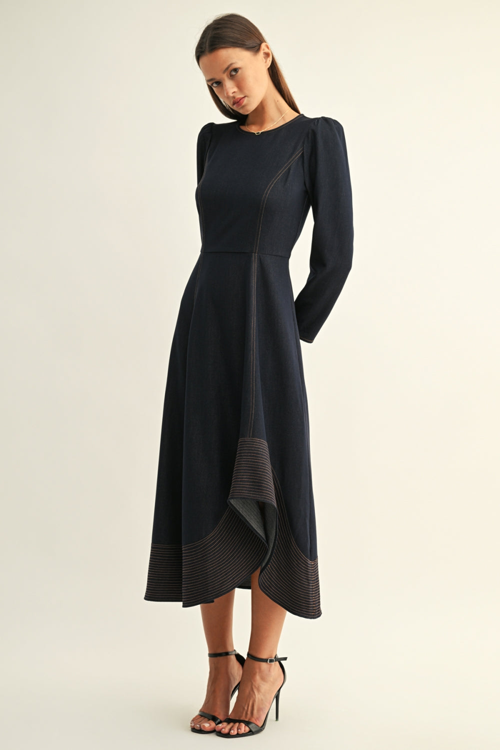 Olga Hi-Low Hem Long Sleeves Chambray Midi Dress F2610D7380_DENIM BLUE