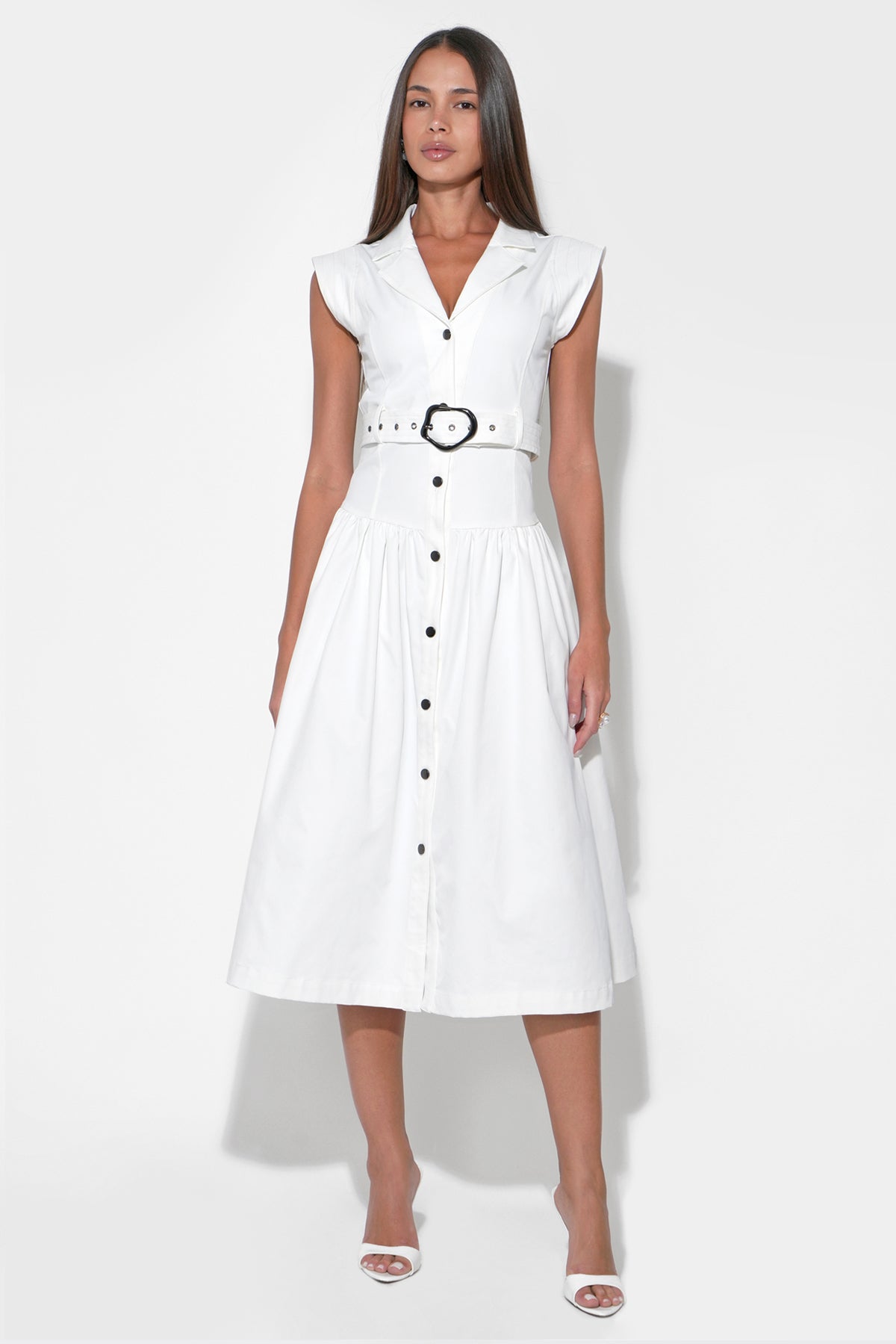 Olivia Button Up Belted Shirt Off-White Midi Dress F261D6993