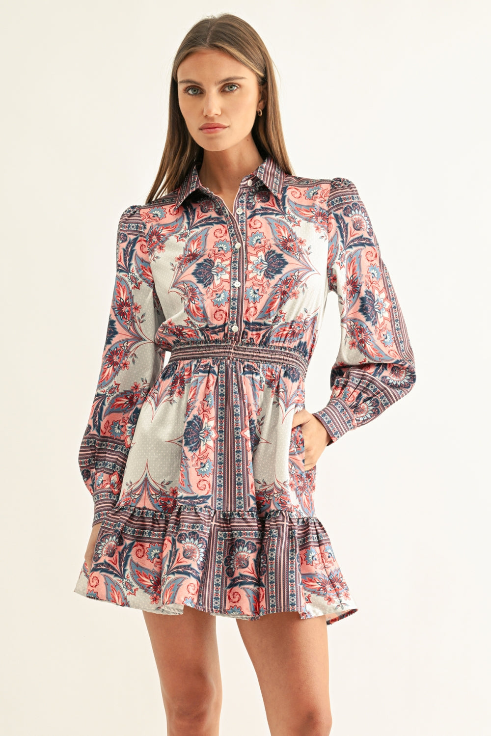 Peyton Long Sleeves Smocked Shirt Mini Dress F268D7278_CORAL MULTI