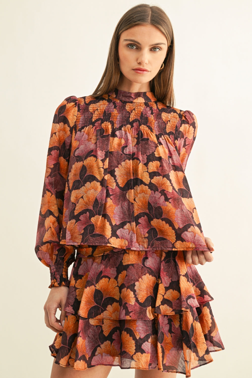 Poppy Smocked Long Sleeves Top F269T7640_BURGUNDY MULTI