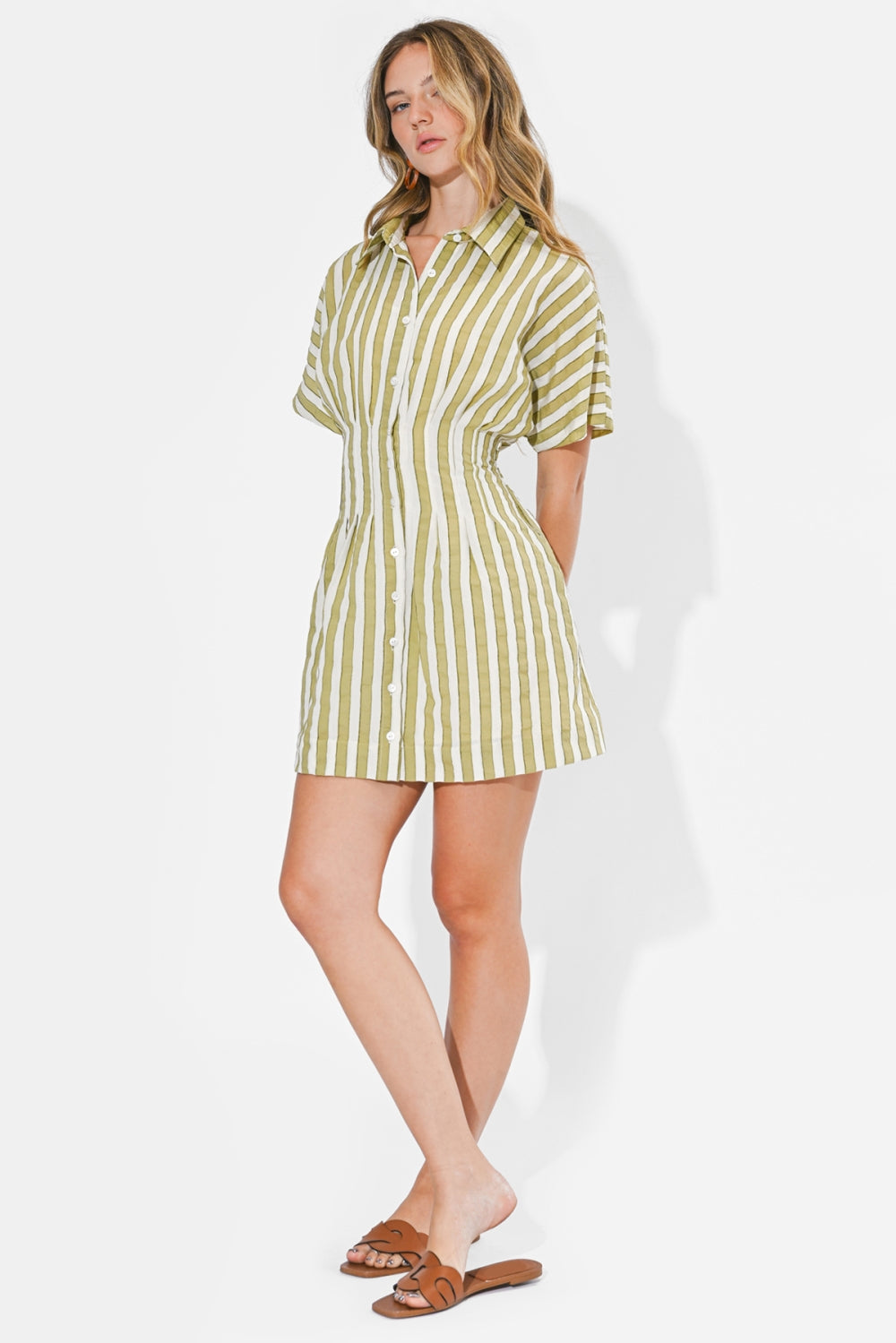 Posie Pleated Short Sleeves Shirt Mini Dress F266D7189_SAGE/OFF WHITE