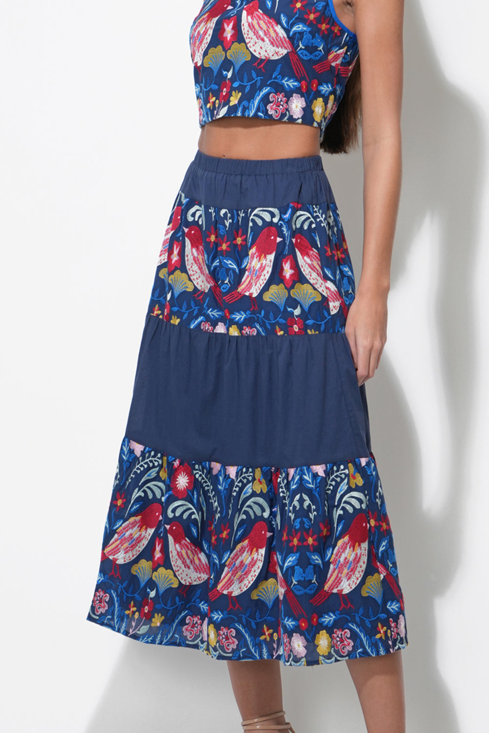 Rina Tiered Embroidered Midi Skirt