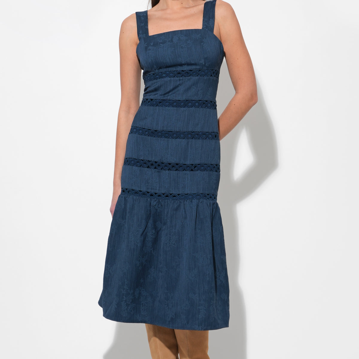 Adelyn Rae Sable Lace Inset Tiered Midi Dress in Navy at Nordstrom, Size Small