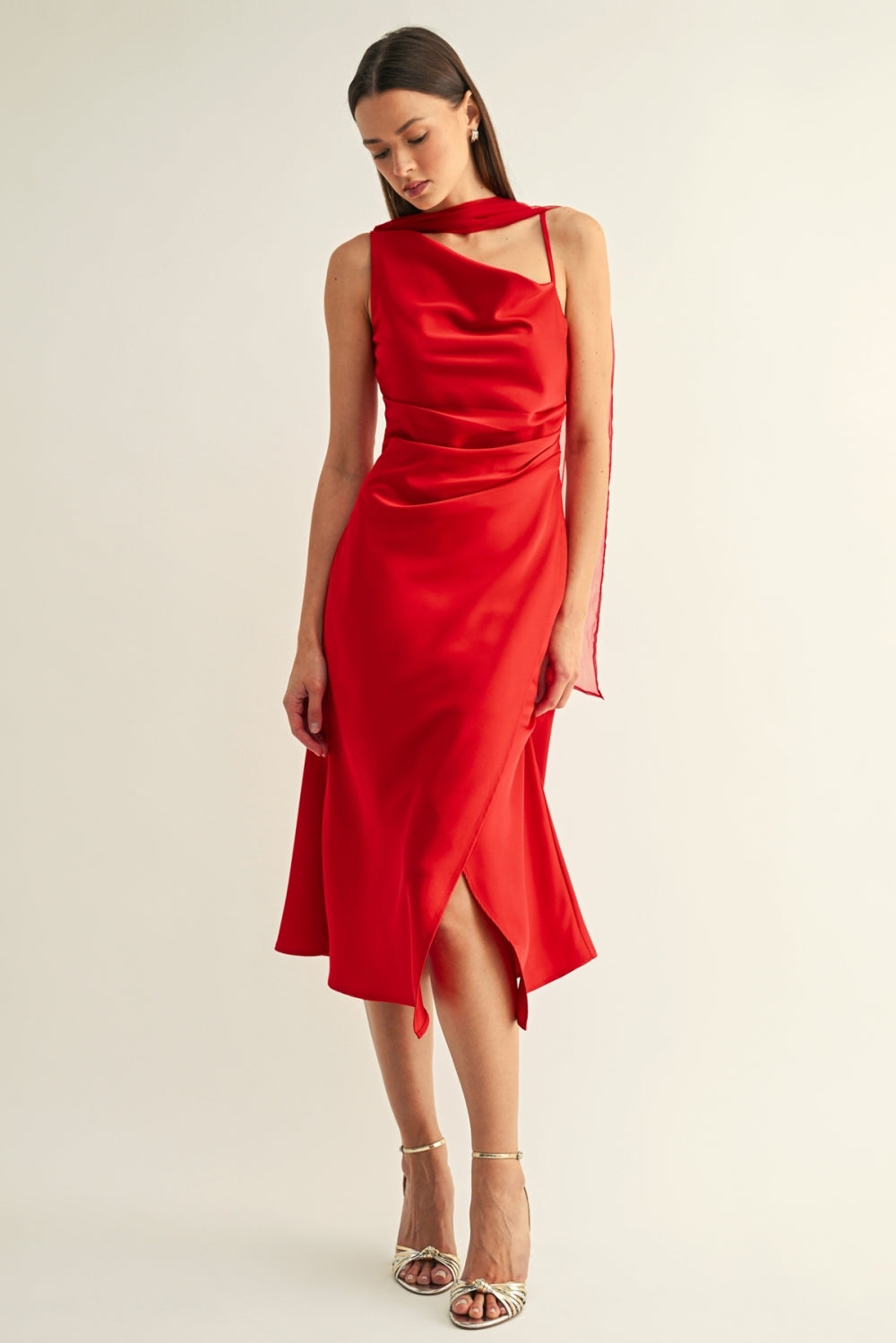 Selena Contrast Scarf Cowl Neck Slip Midi Red Dress F269D7432_RED