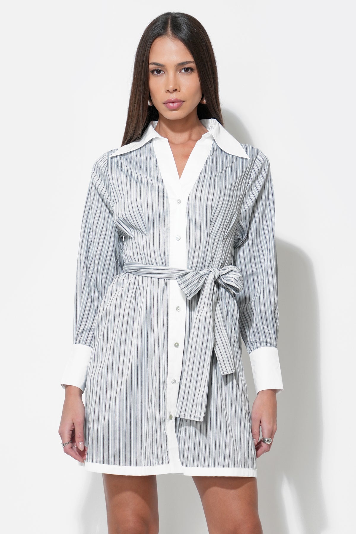 Sola Stripe Mini Button Up Shirt Dress F2512D6739