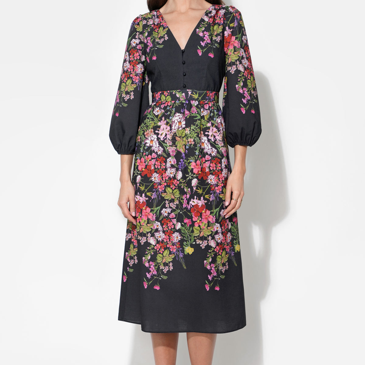 Adelyn Rae Women's Tessa Floral Print Balloon Sleeve Midi Dress - Black - Casual Dresses