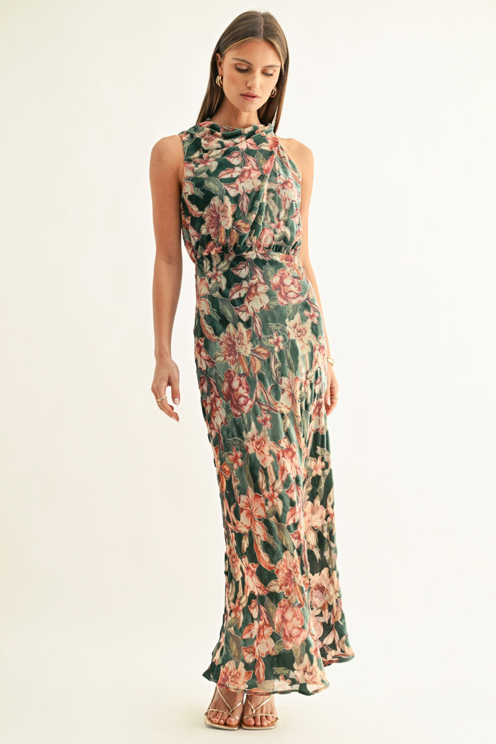 Veda Burnout Velvet Draped Maxi Dress F268D7281_TEAL MULTI