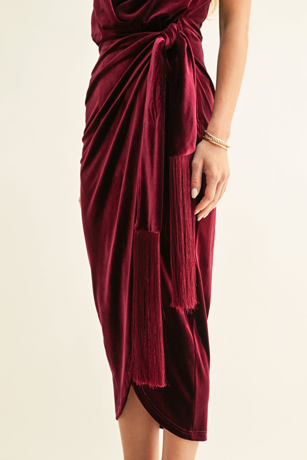 Willow Velvet Halter Wrap Midi Dress F269D7325_BURGUNDY