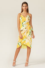 Yellow Floral Dress with Wrapped Skirt
