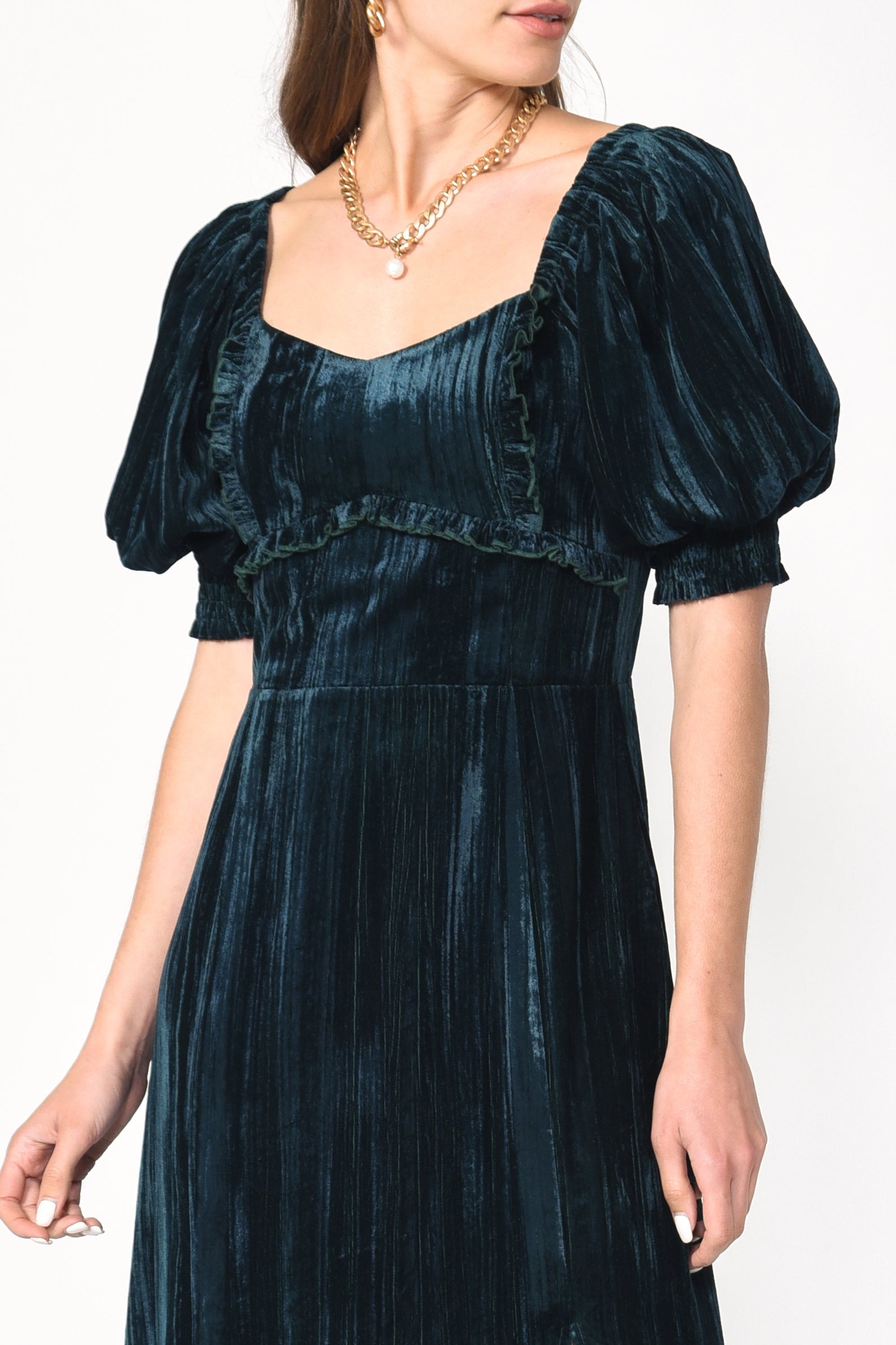 Kiani Textured Velvet Puff Sleeve Midi Dress