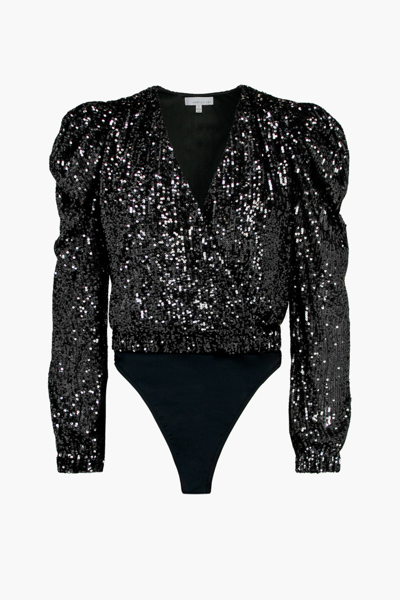Black Sequin Long Sleeve Bodysuit/Top, Jenerique