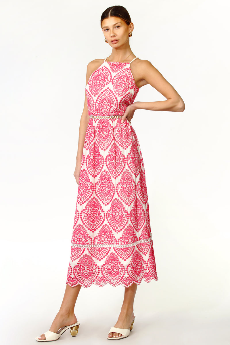 Amelia Halter Cotton Embroidered Midi Dress