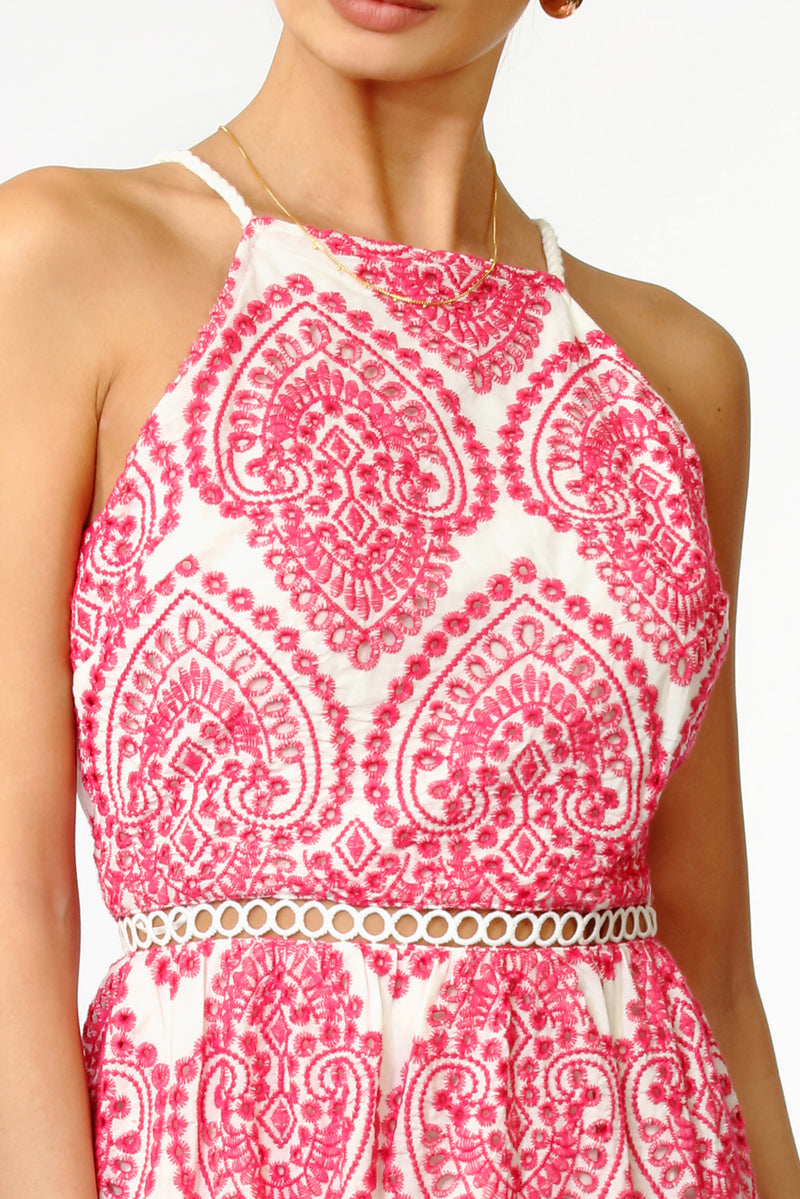 Amelia Halter Cotton Embroidered Midi Dress