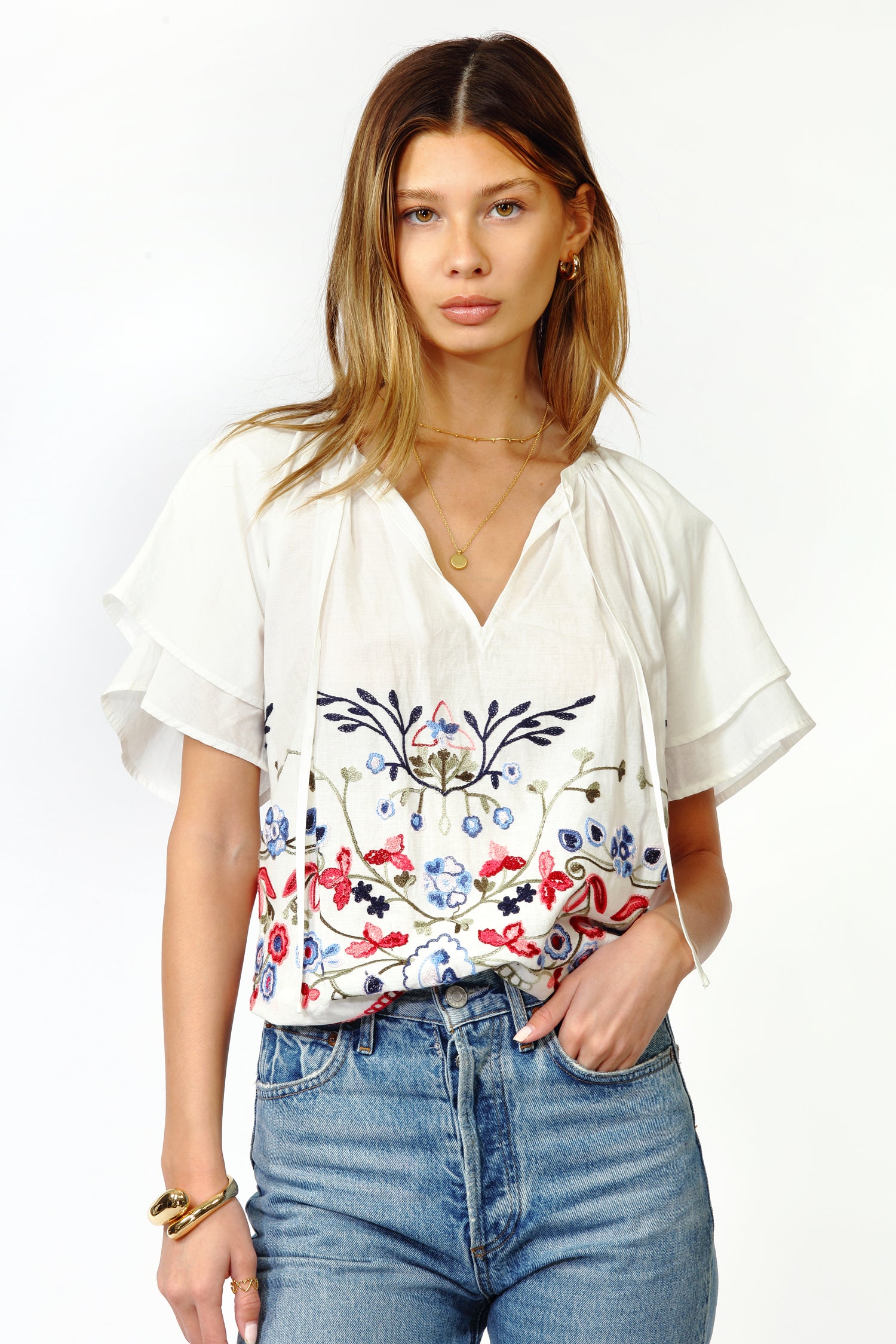Konnie Embroidered Flutter Sleeve Blouse